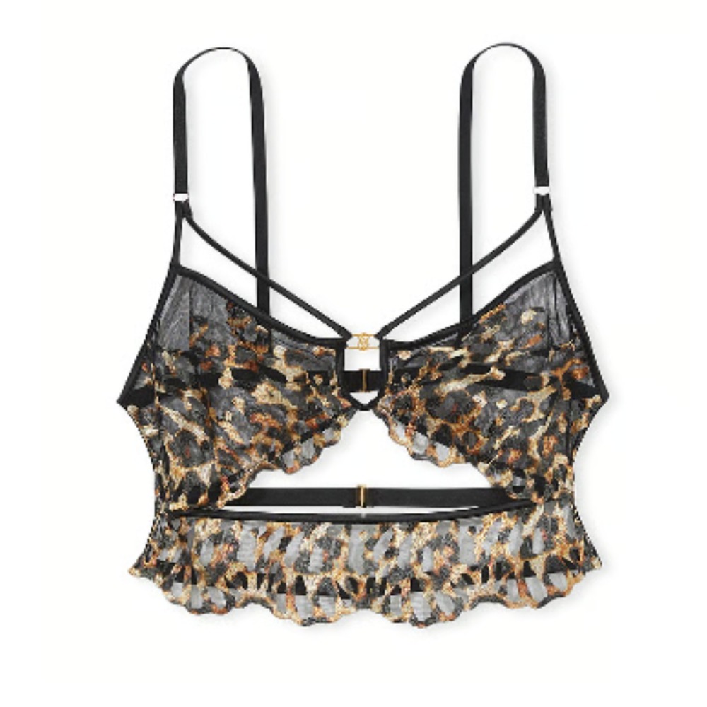 Victoria's Secret Very Sexy Leopard Embroidery Strappy Bustier Bralette S‎ NWT